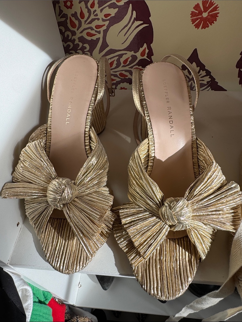 Loeffler Randall Metallic Gold Knotted Bow Slingback Heels